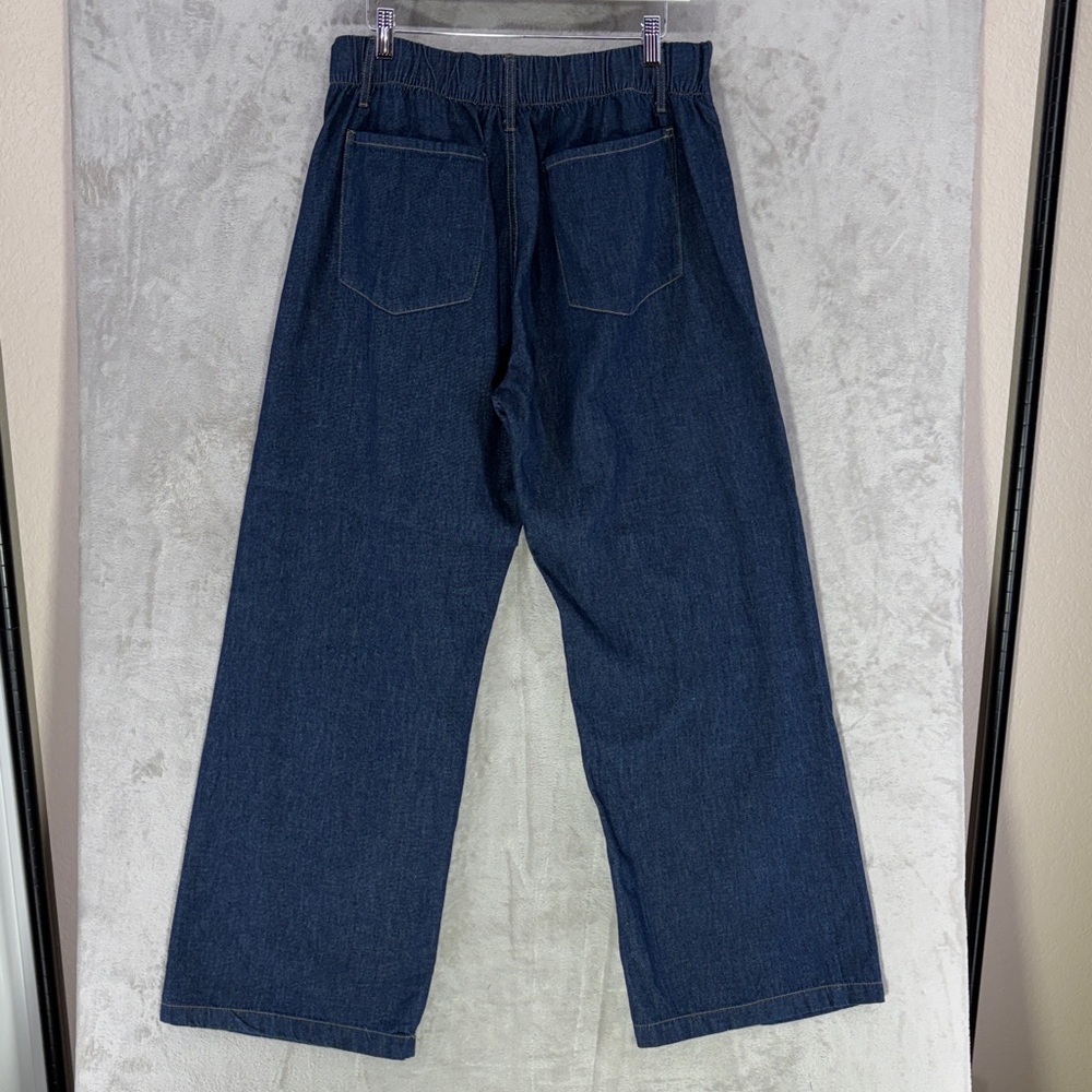 Zara Dark Denim Elastic Waist Wide Leg Light Weight Jeans Size 10 - Picture 7 of 9